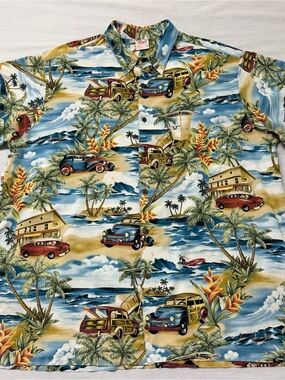 Vintage Go Barefoot Mens 2XL Hawaiian Woodie Beach Surf Coconut Buttons Shirt